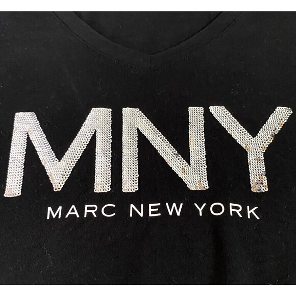 Marc New York Sequin Logo T Shirt Women Plus Size 2X Black Silver Knit Read - Picture 5 of 11
